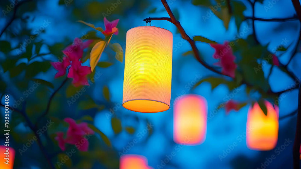 Poster Illuminating Evening: Paper Lanterns Hanging from Branches with Pink Flowers in Bloom