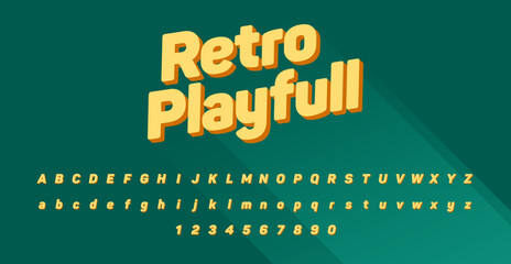 This bold, retro-inspired typeface features rounded, compact letters with a 3D yellow fill and orange shadow, ideal for playful, vibrant headings and gaming designs. © emmauaua