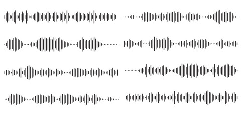 Set of voice message equalizer. Voice sound line with broken lines isolated on white background. Vortex, sonar wave, soundwave, sunburst, signal signs. Vector graphic illustration