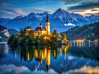 Fototapeta premium Stunning vista of Lake Bled, showcasing an enchanting island church and historic castle, embraced by the majestic peaks of the magnificent Alpine range.
