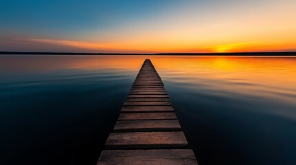 Obraz premium Sunset over a calm lake with a wooden pier extending into the water, beauty of nature, peaceful landscape.