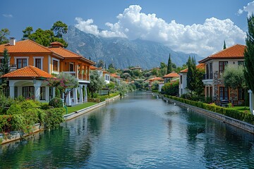 Fototapeta premium A tranquil canal meanders through a village of colorful Mediterranean homes.