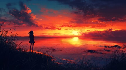 Obraz premium Silhouette of a girl watching the sunset