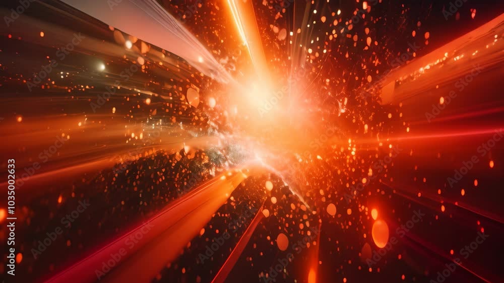 Poster computer generated video of a star burst, simulation of a particle collision event within a large ha
