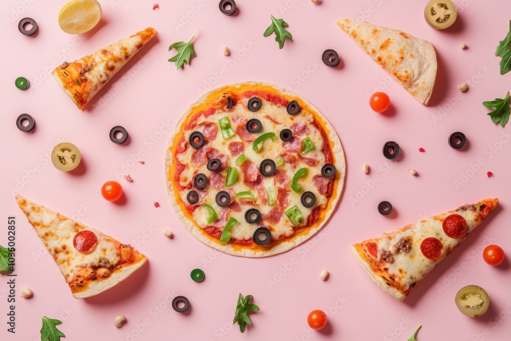 Poster an assortment of tacos and pizza slices arranged in geometric patterns, showcasing fresh ingredients