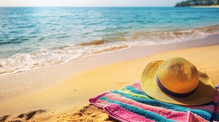Beach Scene with Straw Hat and Colorful Towel