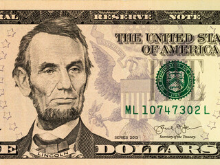Close-Up Abraham Lincoln Portrait On US Five Dollar Bill