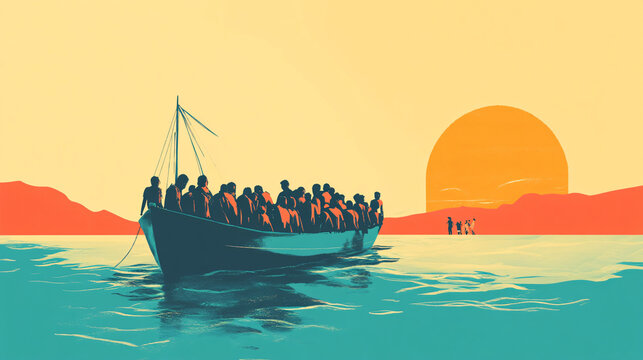 An evocative graphic illustrating the role of NGOs in supporting migrants.
