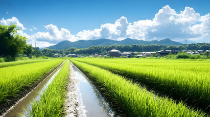 Green Rice Paddy Fields with Water Channels in a Rural Setting