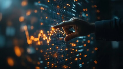 A futuristic digital interface featuring a hand touching a glowing graph line, illustrating financial growth, data analysis, and advanced technological progress.