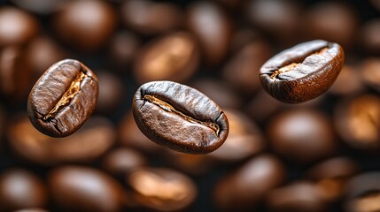 Fototapeta premium This image captures a close-up view of roasted coffee beans, revealing their rich texture and dark color, showcasing them in a visually appealing manner.