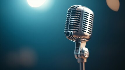 A vintage-style microphone positioned with a focus on its elegant design. The spotlight in the background emphasizes its classic charm and timeless appeal.