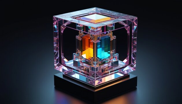 A crystalline, prism-like quantum computing core, with light refracting through its edges in vibrant colors, positioned on a dark pedestal, Generative AI