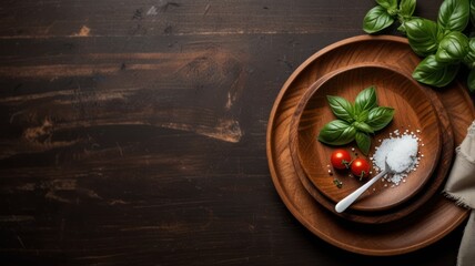 Wooden plates with fresh basil, cherry tomatoes, and salt on a dark wooden background, leaving space for text or a food item.