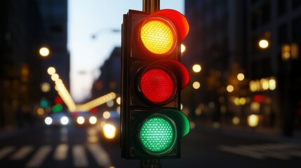 A traffic light with red and green signals shines brightly on an urban street at dusk, showcasing blurred vehicle lights in the city background.
