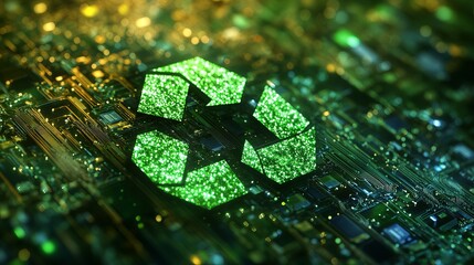 A green recycle icon sits prominently over a glowing circuit board pattern, symbolizing sustainability and the integration of technology with eco-friendly practices.