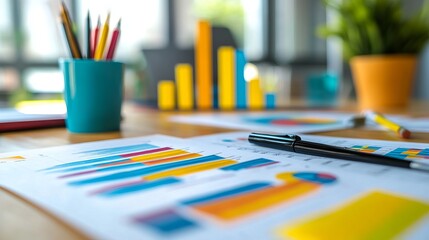 Colorful business growth graphs and charts lay elegantly spread across an office desk symbolizing highly productive economic analysis and strategic planning sessions.
