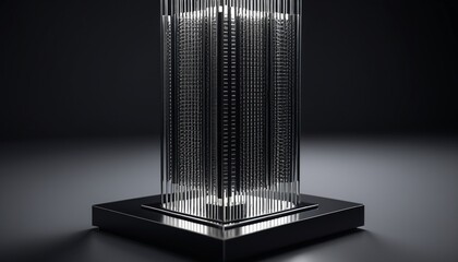 A streamlined, silver quantum computing tower, emitting soft pulses of light from embedded vertical slits, placed on a black reflective surface, Generative AI