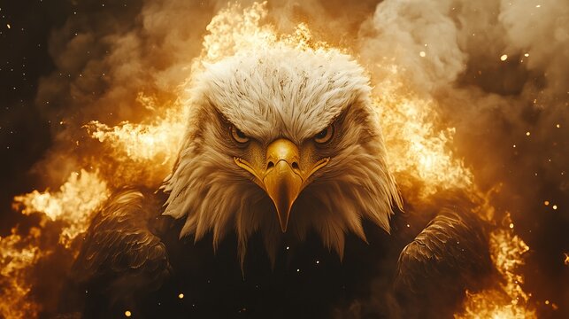A powerful, intense image of an eagle surrounded by fierce flames, symbolizing strength, power, and freedom in a dramatic and visually stunning composition.