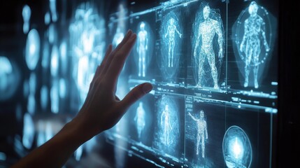 A hand reaches out to touch holographic digital human interfaces, suggesting advanced medical technology and interactive futuristic design.