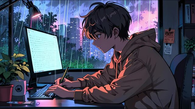 A young Asian male in a cozy sweater writes at a desk, with city lights reflecting through a window at dusk, creating an introspective mood. created with generation ai