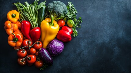 A variety of fresh vegetables, including peppers and eggplants, are arranged in a heart shape against a dark background, symbolizing health and nourishment.
