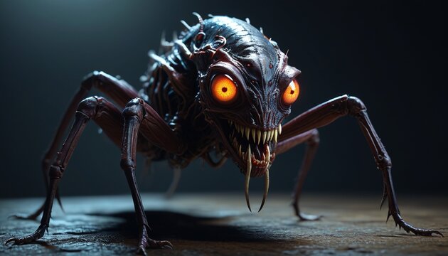 A nightmarish insectoid beast with a chitinous exoskeleton, sharp mandibles, and multiple glowing eyes, creeping out from the shadows, Generative AI