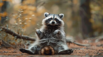 A raccoon sitting on its back two legs gazing about anxiously