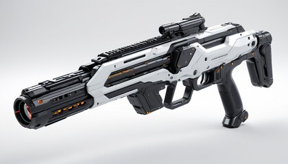 A dynamic model of a futuristic energy weapon displayed on a polished white background, showcasing its advanced features, Generative AI