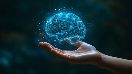 A futuristic image showing a hand holding a glowing, blue digital brain, symbolizing the intersection of technology, intelligence, and human innovation.