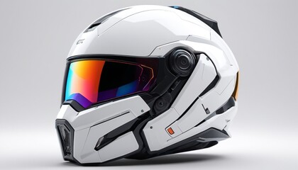 A colorful model of a futuristic helmet with advanced HUD features on a polished white surface, representing immersive gaming experiences, Generative AI