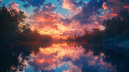 Fototapeta premium An evening river scene with reflections of colorful clouds in the water, creating a magical atmosphere.