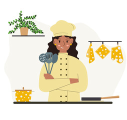 Chef  Woman cook preparing food. Culinary art, refined cuisine concept. Flat vector