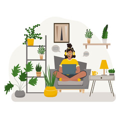 Working at home vector flat style illustration. Online career. Coworking space illustration. Young woman freelancers working on laptop or computer at home.