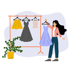 Woman shopping during sale. 
A woman shops during a sale. The character chooses and buys clothes
