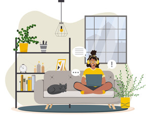 Working at home vector flat style illustration. Online career. Coworking space illustration. Young woman freelancers working on laptop or computer at home.