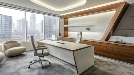 A sleek and spacious office featuring contemporary furniture and a futuristic wooden design, emphasizing modern architecture and professional aesthetics.