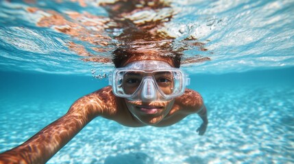 This image shows a swimmer beneath crystal-clear waters, wearing goggles and capturing the essence of aquatic freedom and exploration under sunlight glimmers.
