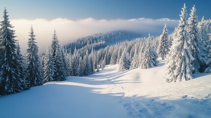 Obraz premium A breathtaking winter scene featuring snow-covered evergreens and distant mountains shrouded in mist creates a serene and awe-inspiring natural landscape.