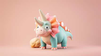 Cute 3D Cartoon Triceratops Dinosaur with Pink Frill and Big Eye