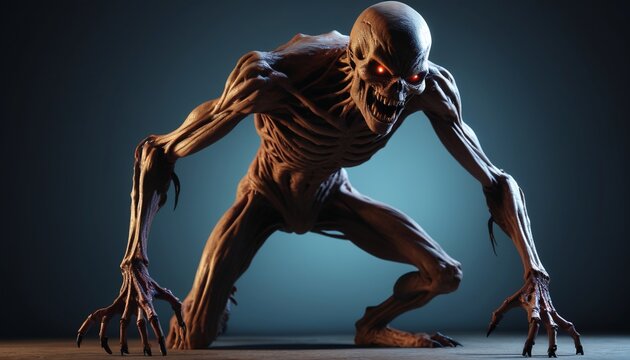 A ghastly, four-armed ghoul with sharp claws and a disfigured face, hunched over as it prowls the shadows, its eyes glowing faintly, Generative AI