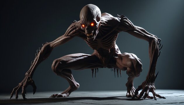 A ghastly, four-armed ghoul with sharp claws and a disfigured face, hunched over as it prowls the shadows, its eyes glowing faintly, Generative AI