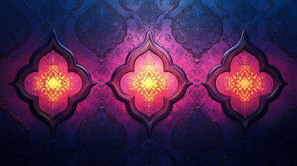 Fototapeta premium Three glowing ornate windows against a dark background with a pink and blue gradient.
