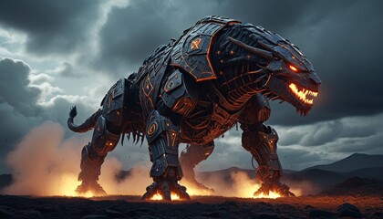 Fototapeta premium A massive, armored war beast with glowing runes etched into its hide, standing motionless as it breathes clouds of steam into the dark void, Generative AI