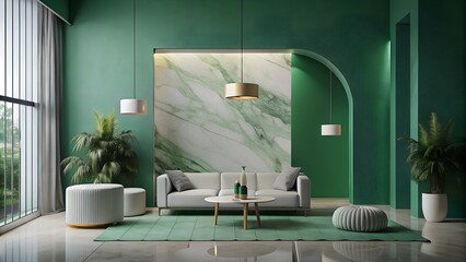Minimalist interior design of modern living room with marble green wall