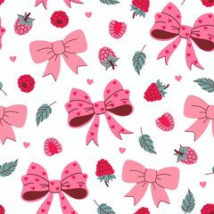 Seamless pattern of raspberries and bows on a white background. Vector graphics.