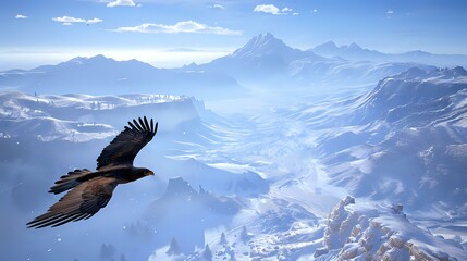Fototapeta premium A majestic eagle soars over a breathtaking snowy mountain landscape.