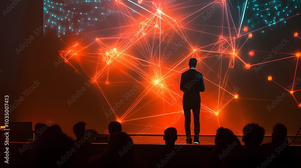 Poster template for science and technology presentation. plexus style background.