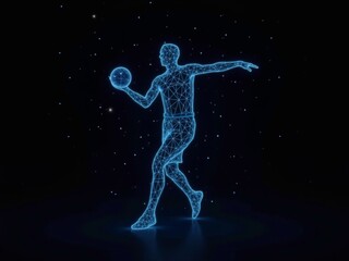 Futuristic hologram of basketball player jumping on dark background with glowing particles around him.