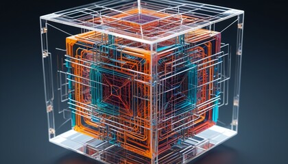 An abstract geometric cube with intricate internal structures, its transparent faces revealing a complex web of lines, Generative AI